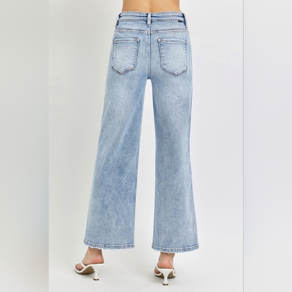 RISEN High-Rise Wide Leg Tummy Control Pants Distressed Cropped Denim Blue Jeans - Picture 9 of 15